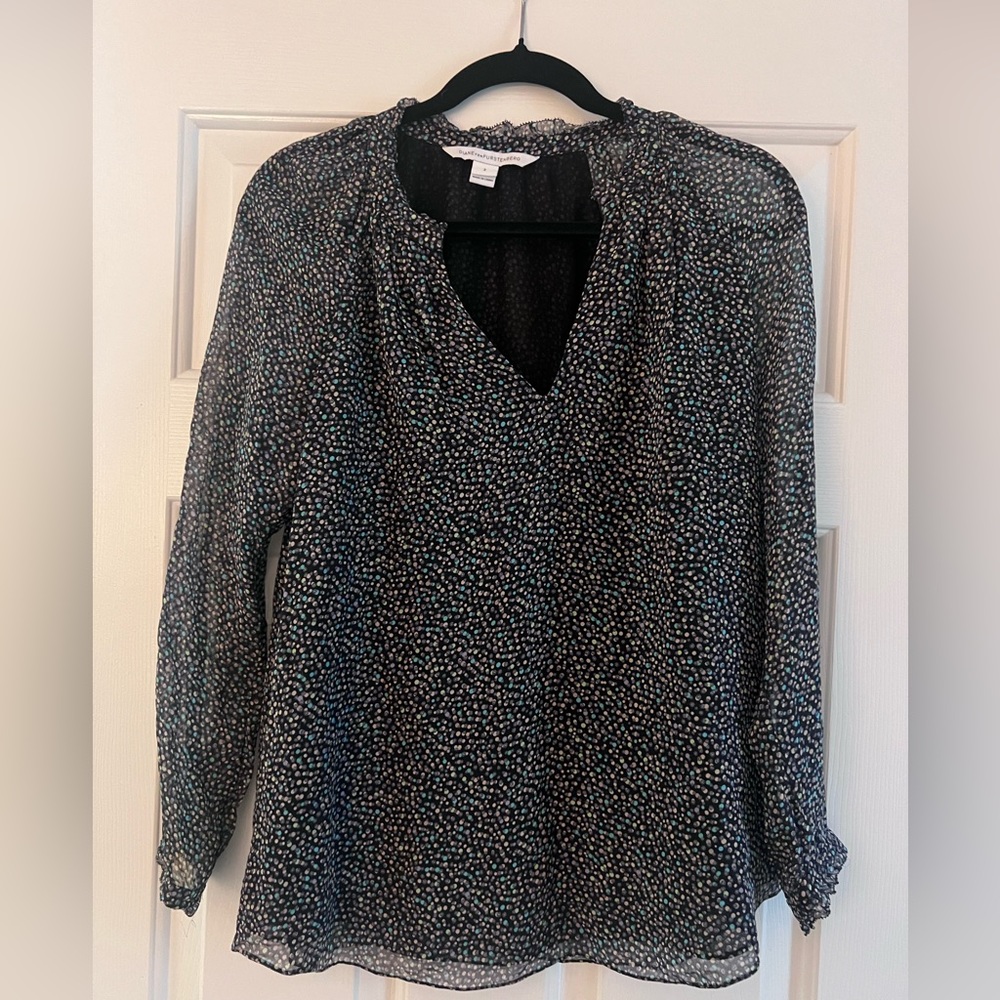 Diane Von Furstenberg Black Sheer V-Neck Blouse with Tiny Multicolor Dots